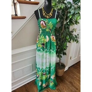 Green Floral Women Polyester Sleeveless Casual Long Adjustable Strap Maxi Dress